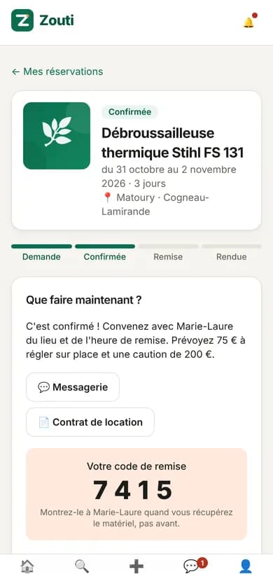Une réservation sur Zouti : statut confirmé, code de remise à 4 chiffres à montrer au propriétaire